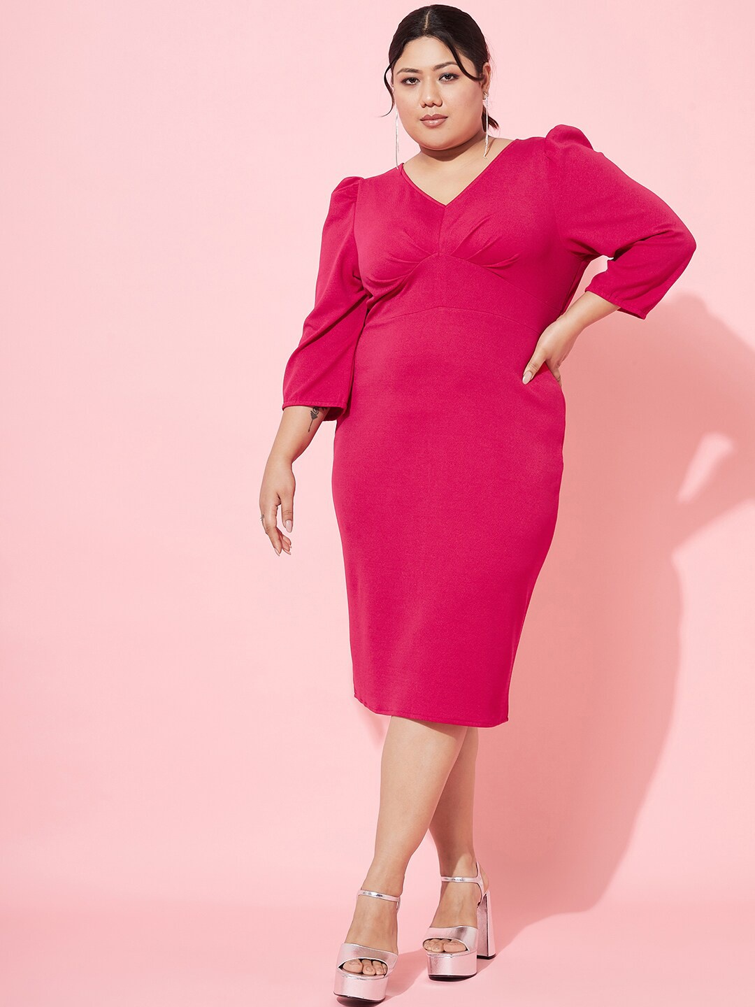 

Athena Ample Plus Size V-Neck Puff Sleeves Scuba Sheath Dress, Fuchsia