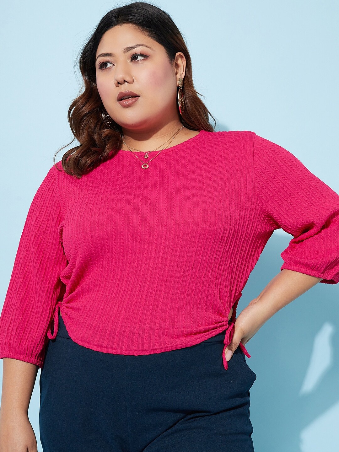 

Athena Ample Plus Size Round Neck Three-quarter Sleeves Side Tie-up Regular Top, Fuchsia