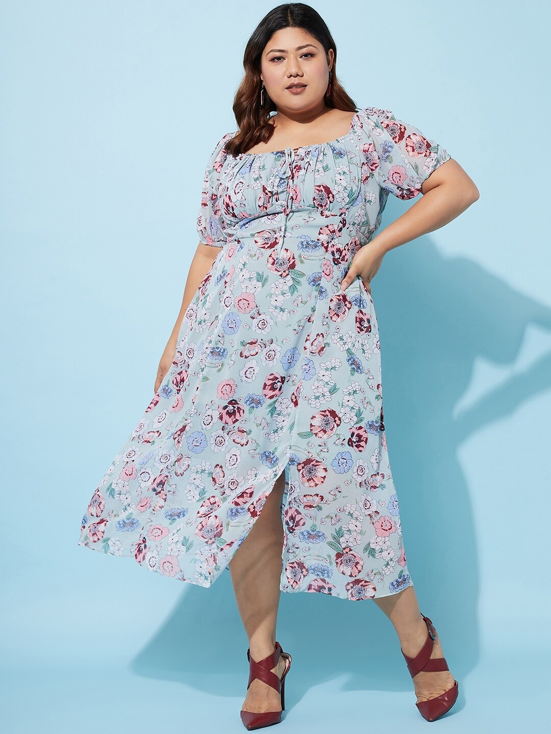 

Athena Ample Plus Size Floral Printed Squared Midi Fit & Flare Dress, Blue