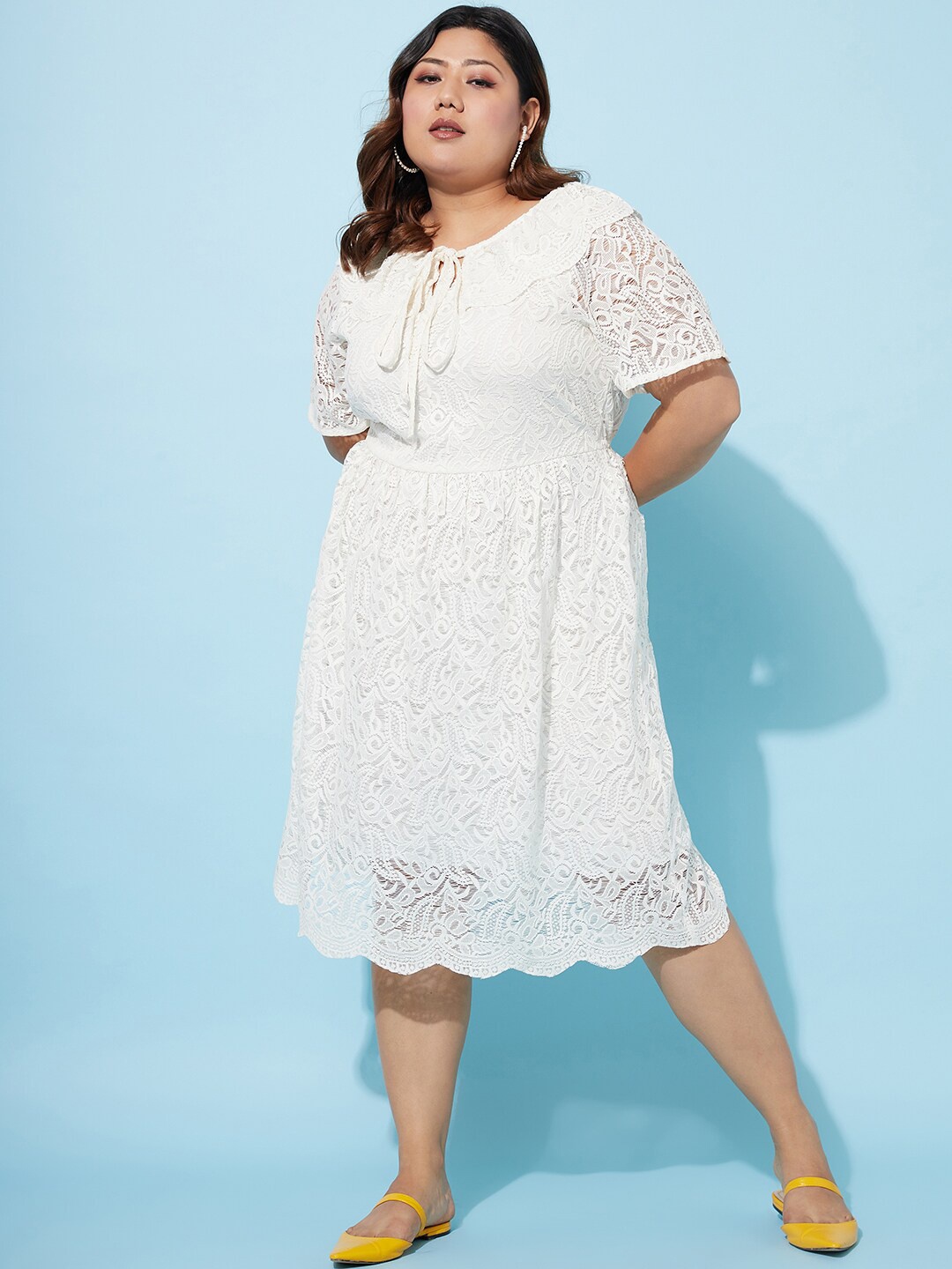 

Athena Ample Tie-Up Neck Lace Fit & Flare Dress, White