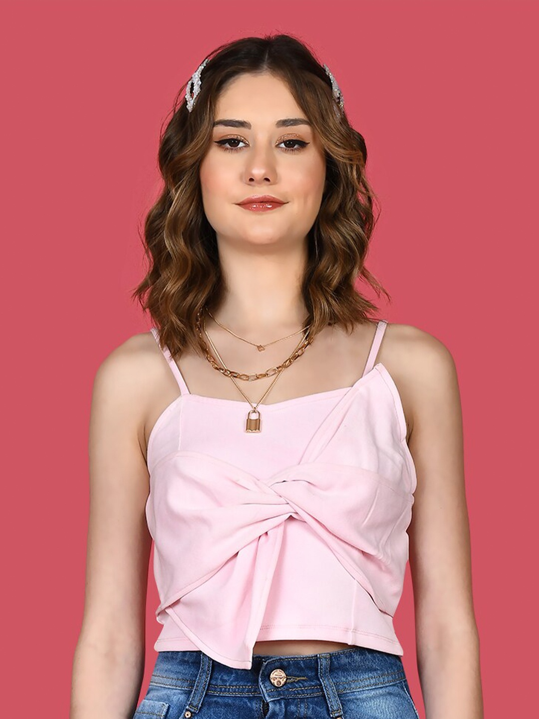 

zink Z Shoulder Straps Twisted Crop Top, Pink