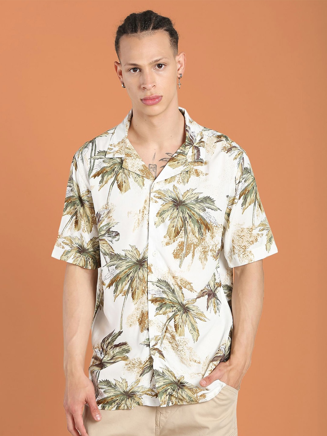 

Flying Machine Tropical Printed Cuban Collar Slim Fit Casual Shirt, White