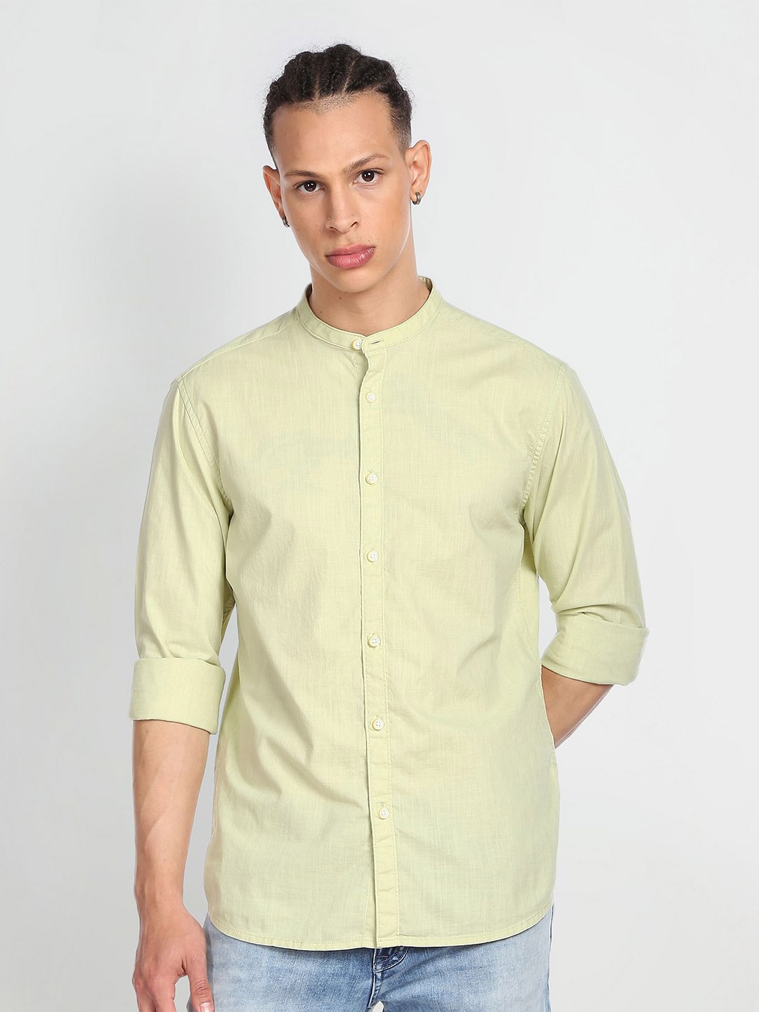 

Flying Machine Mandarin Collar Slim Fit Pure Cotton Casual Shirt, Green