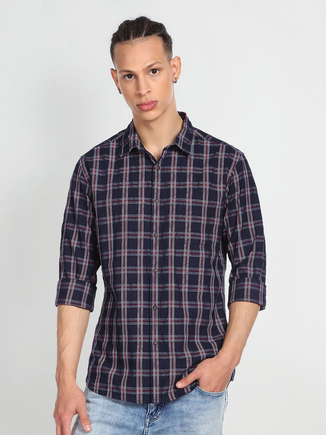 

Flying Machine Tartan Checked Spread Collar Slim Fit Pure Cotton Casual Shirt, Navy blue