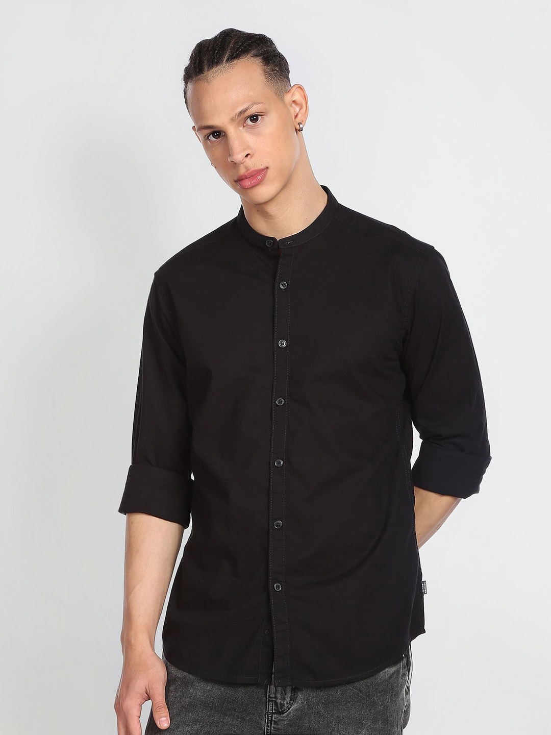 

Flying Machine Mandarin Collar Slim Fit Pure Cotton Casual Shirt, Black