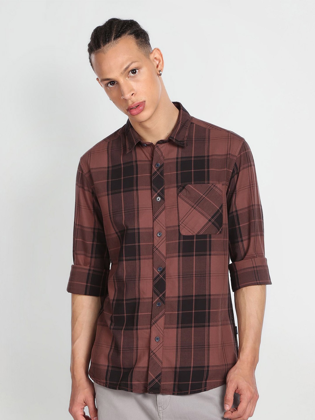

Flying Machine Slim Fit Tartan Checked Opaque Casual Pure Cotton Shirt, Brown
