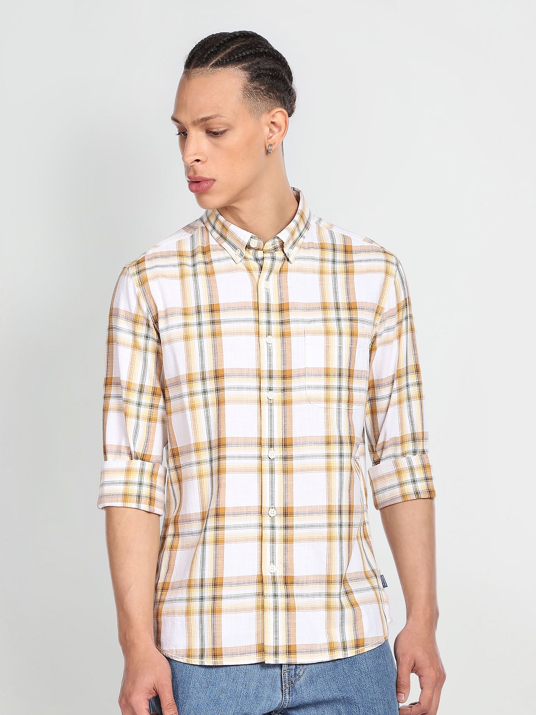 

Flying Machine Tartan Checked Spread Collar Slim Fit Pure Cotton Casual Shirt, White