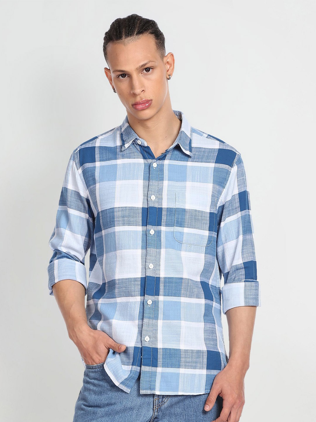 

Flying Machine Tartan Checked Spread Collar Slim Fit Pure Cotton Casual Shirt, Blue