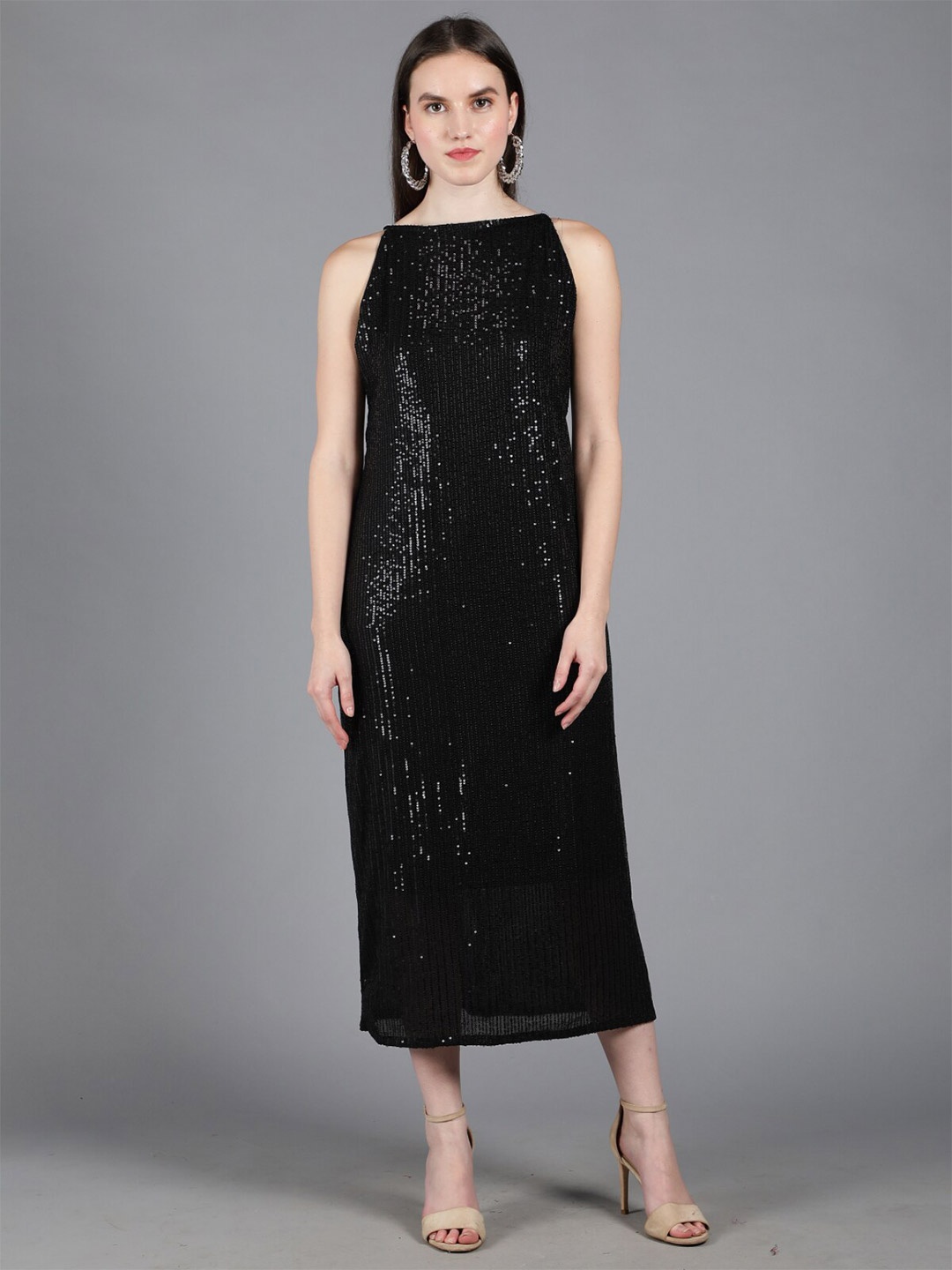 

Svelte Couture Boat Neck Sequined Embellished Scuba Sheath Midi Dress, Black