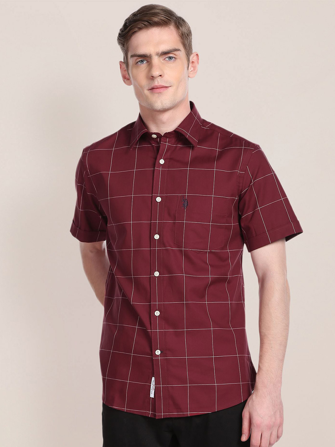 

U.S. Polo Assn. Windowpane Checks Pure Cotton Casual Shirt, Red