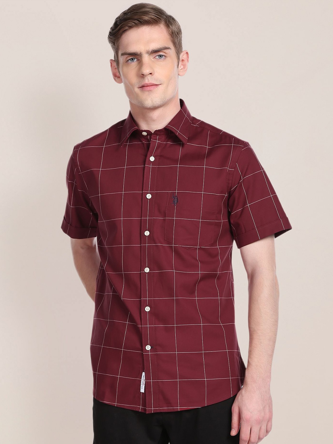 

U.S. Polo Assn. Windowpane Checked Spread Collar Pure Cotton Casual Shirt, Maroon