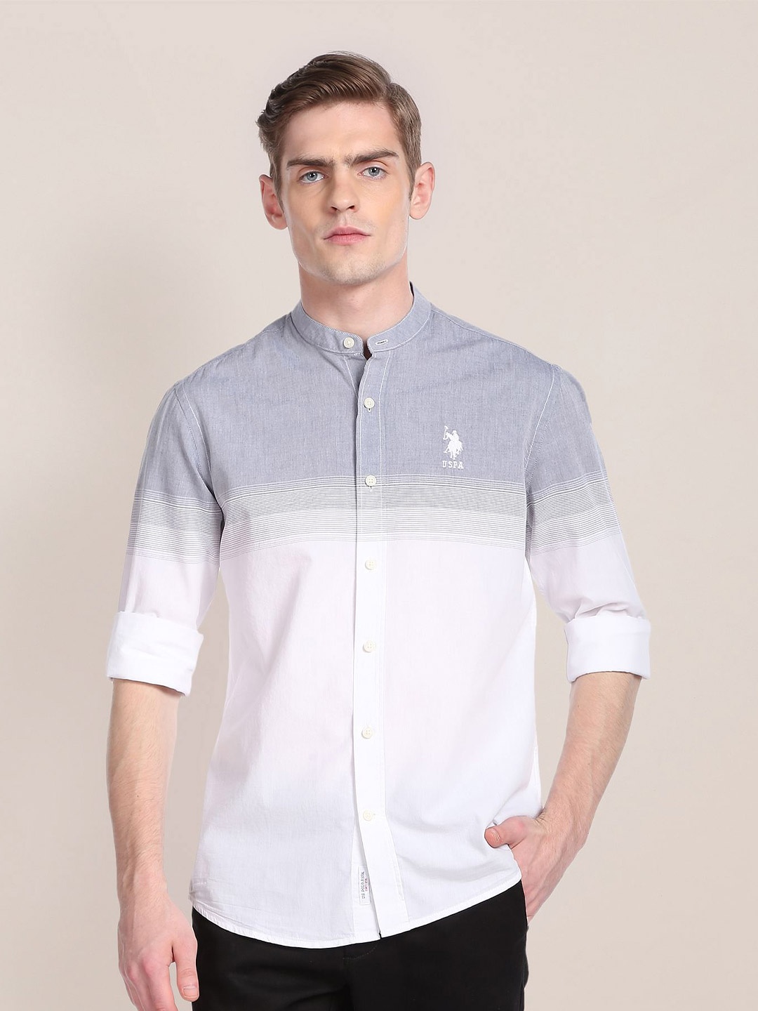 

U.S. Polo Assn. Mandarin Collar Striped Pure Cotton Casual Shirt, White