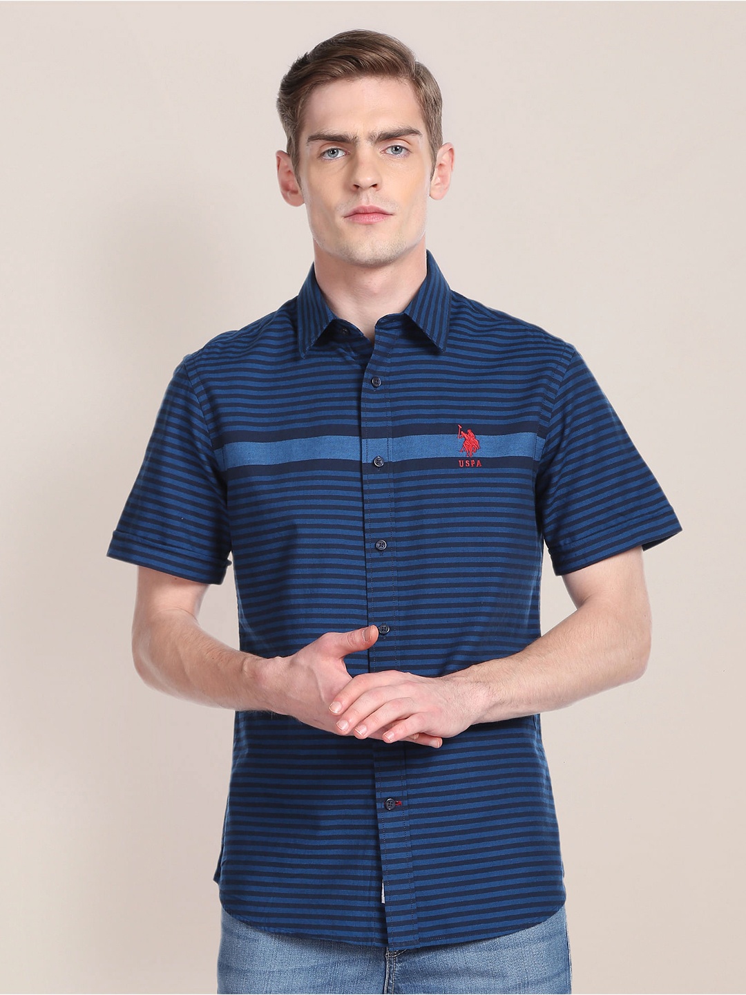 

U.S. Polo Assn. Horizontal Stripes Oxford Pure Cotton Casual Shirt, Navy blue