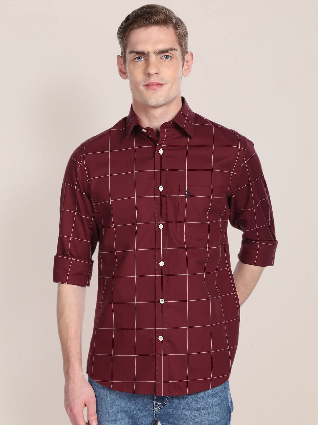 

U.S. Polo Assn. Windowpane Checked Spread Collar Pure Cotton Casual Shirt, Maroon