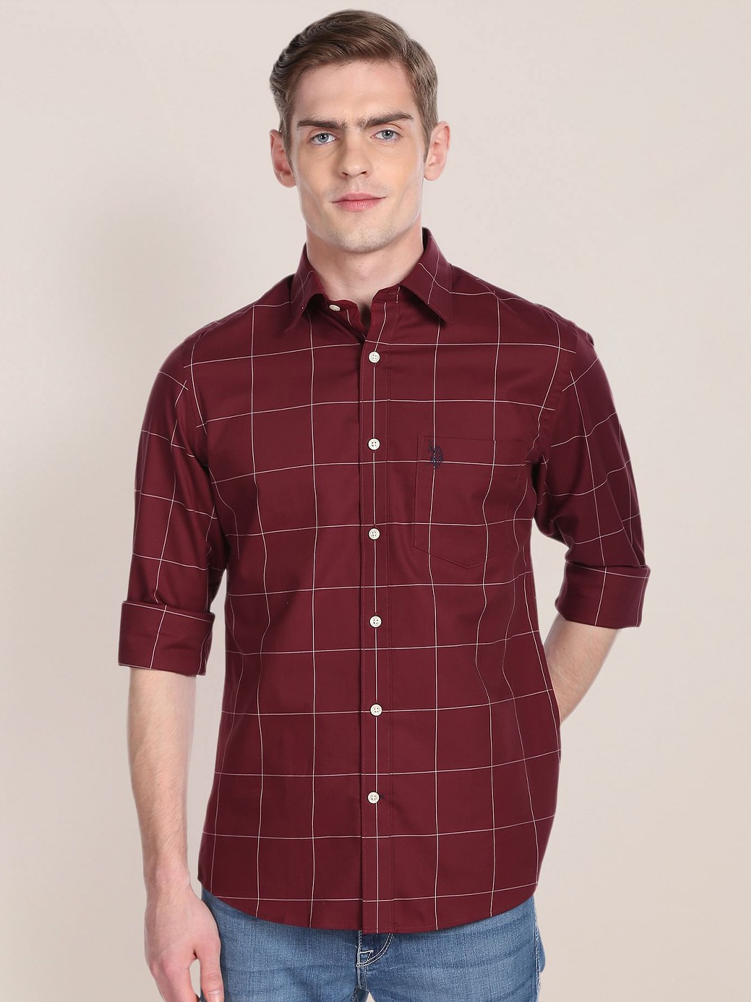 

U.S. Polo Assn. Windowpane Checks Pure Cotton Casual Shirt, Red