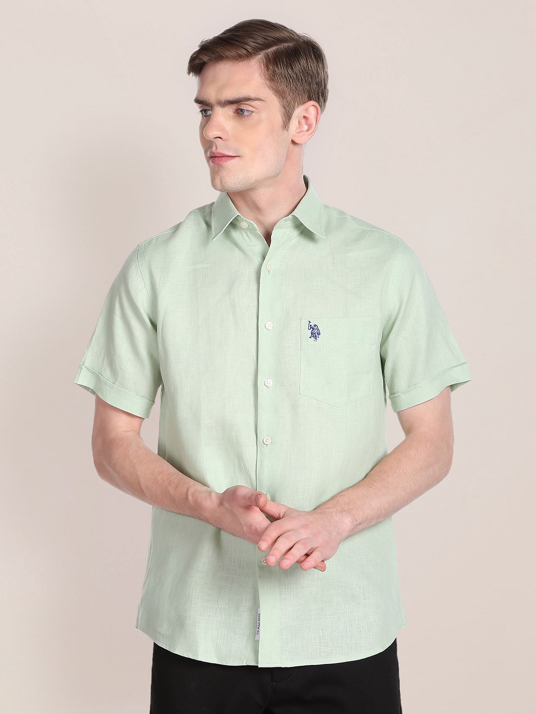 

U.S. Polo Assn. Short Sleeves Pure Linen Casual Shirt, Green