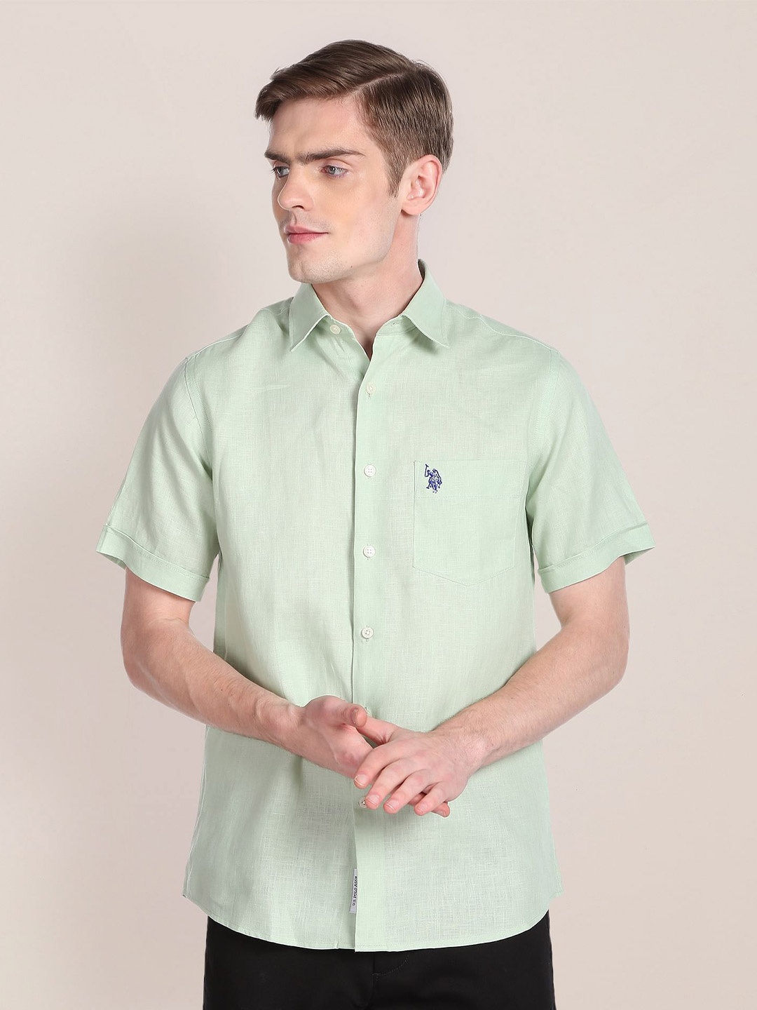 

U.S. Polo Assn. Short Sleeves Pure Linen Casual Shirt, Green