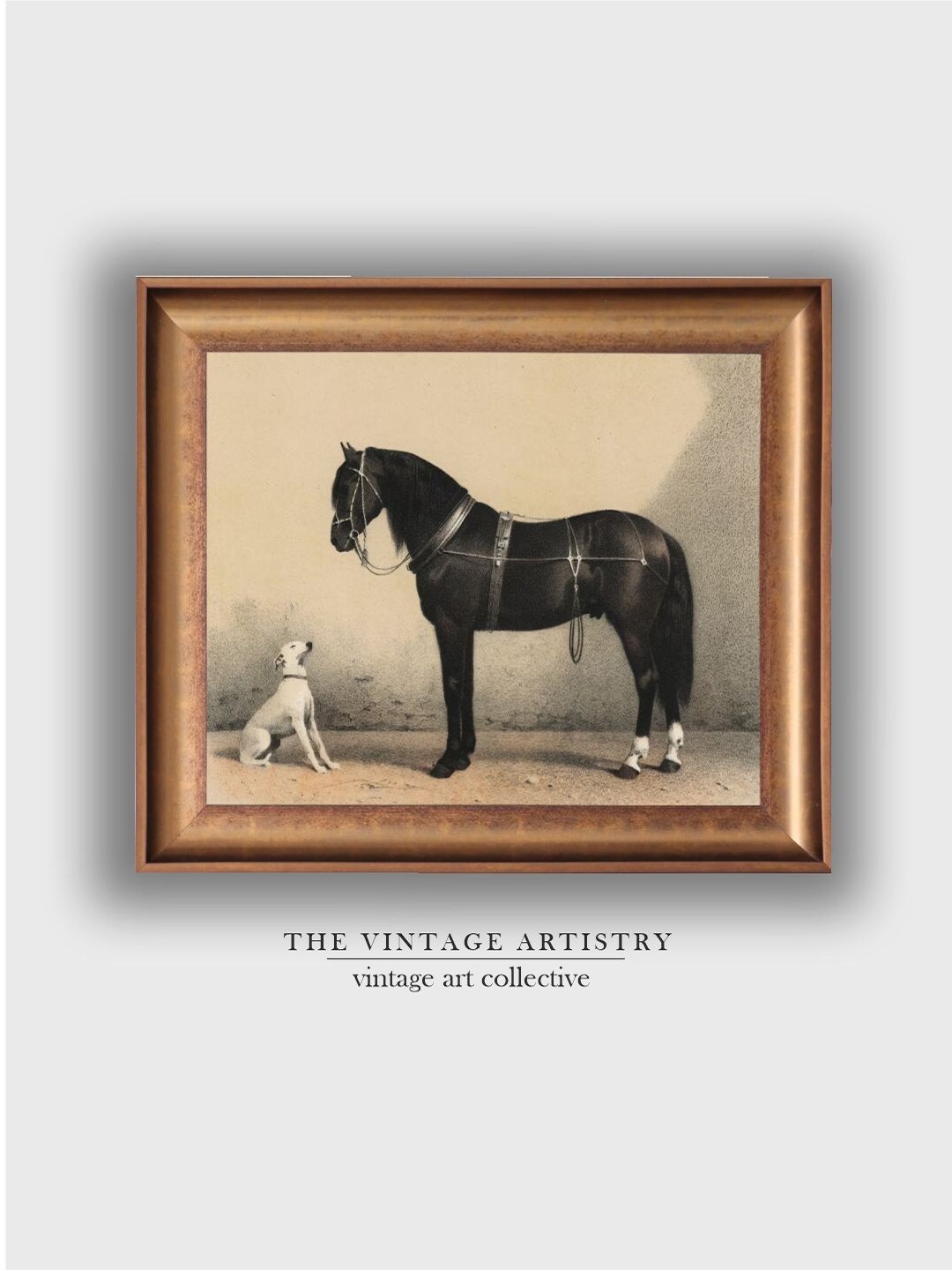 

THE VINTAGE ARTISTRY Brown & Black Horse & Dog Antique Painting Wall Art