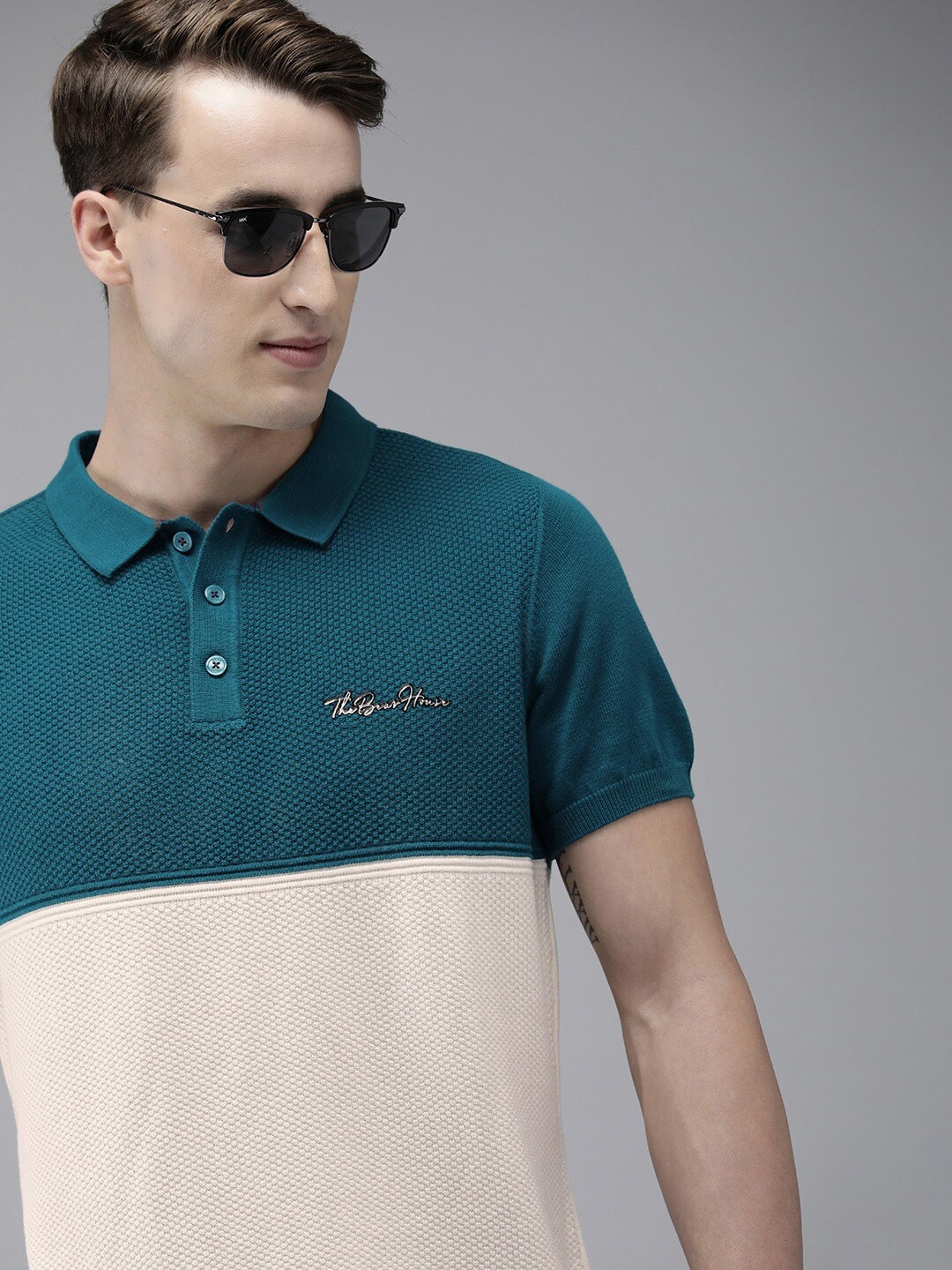 

THE BEAR HOUSE Colourblocked Polo Collar Slim Fit T-shirt, Teal