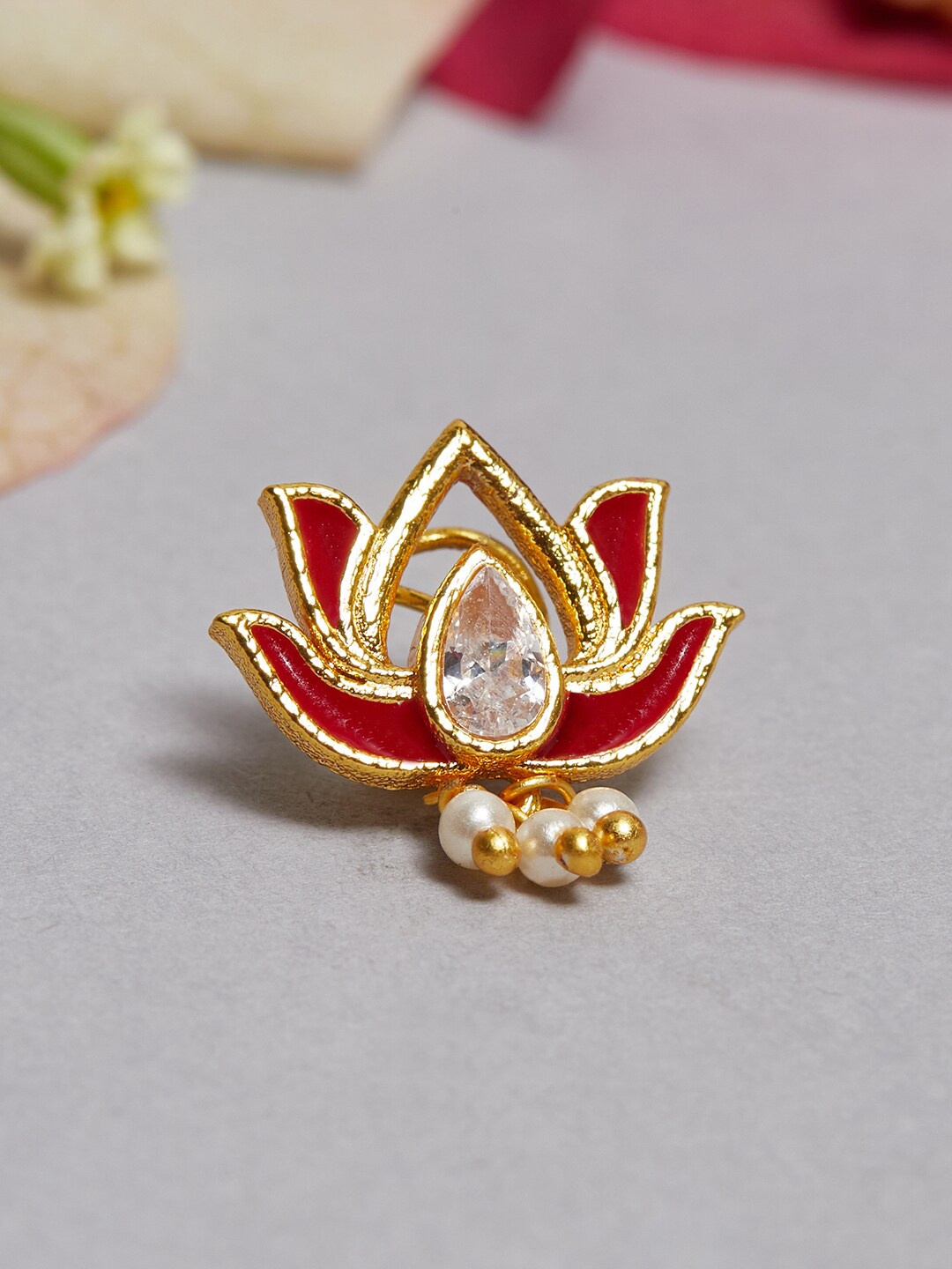 

Voylla Stone-Studded & Beaded Lotus Motif Nose Pin Nosepin, Gold
