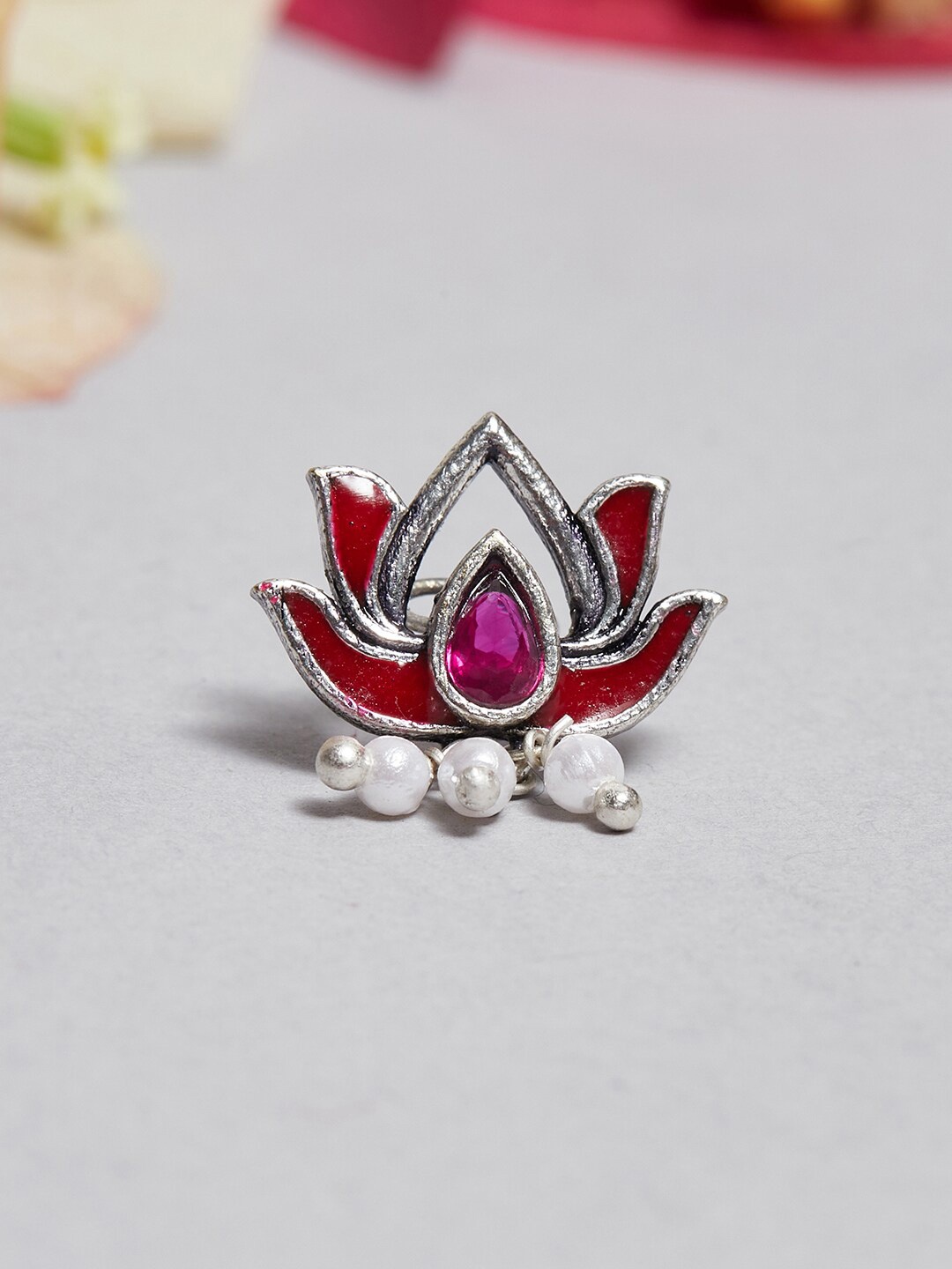 

Voylla Indie Collectibles Silver-Plated Stone Studded Pretty Lotus Motif Nose Pin