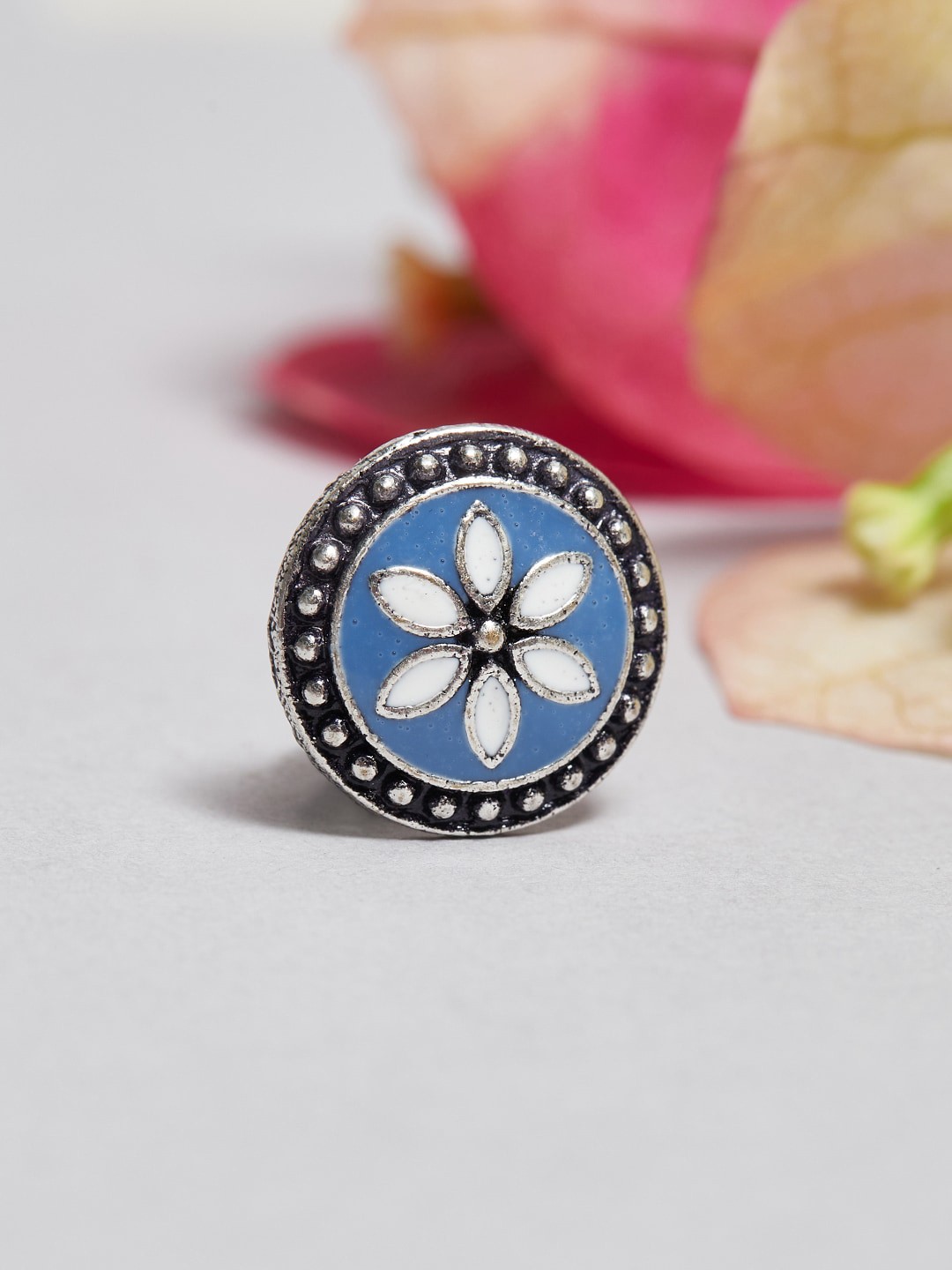 

Voylla Silver-Plated Stone Studded Indie Collectibles Gorgeous Floral Motif Shape Nose Pin