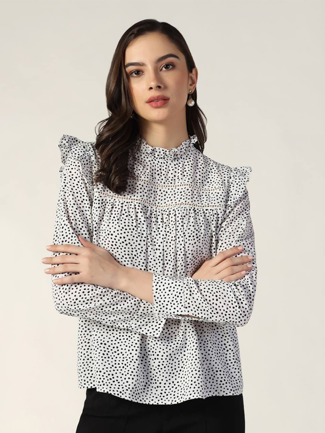 

Beatnik Polka Dots Printed High Neck Cuffed Sleeves Gathered Top, White