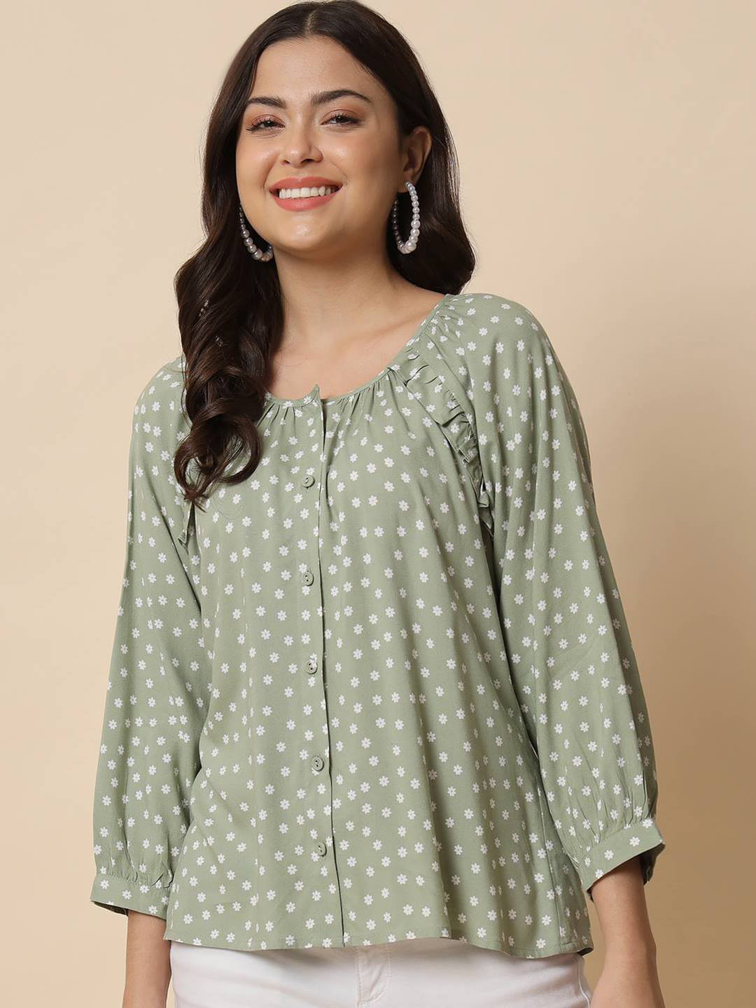 

Beatnik Floral Printed Round Neck Cuffed Sleeves Ruffled Top, Green