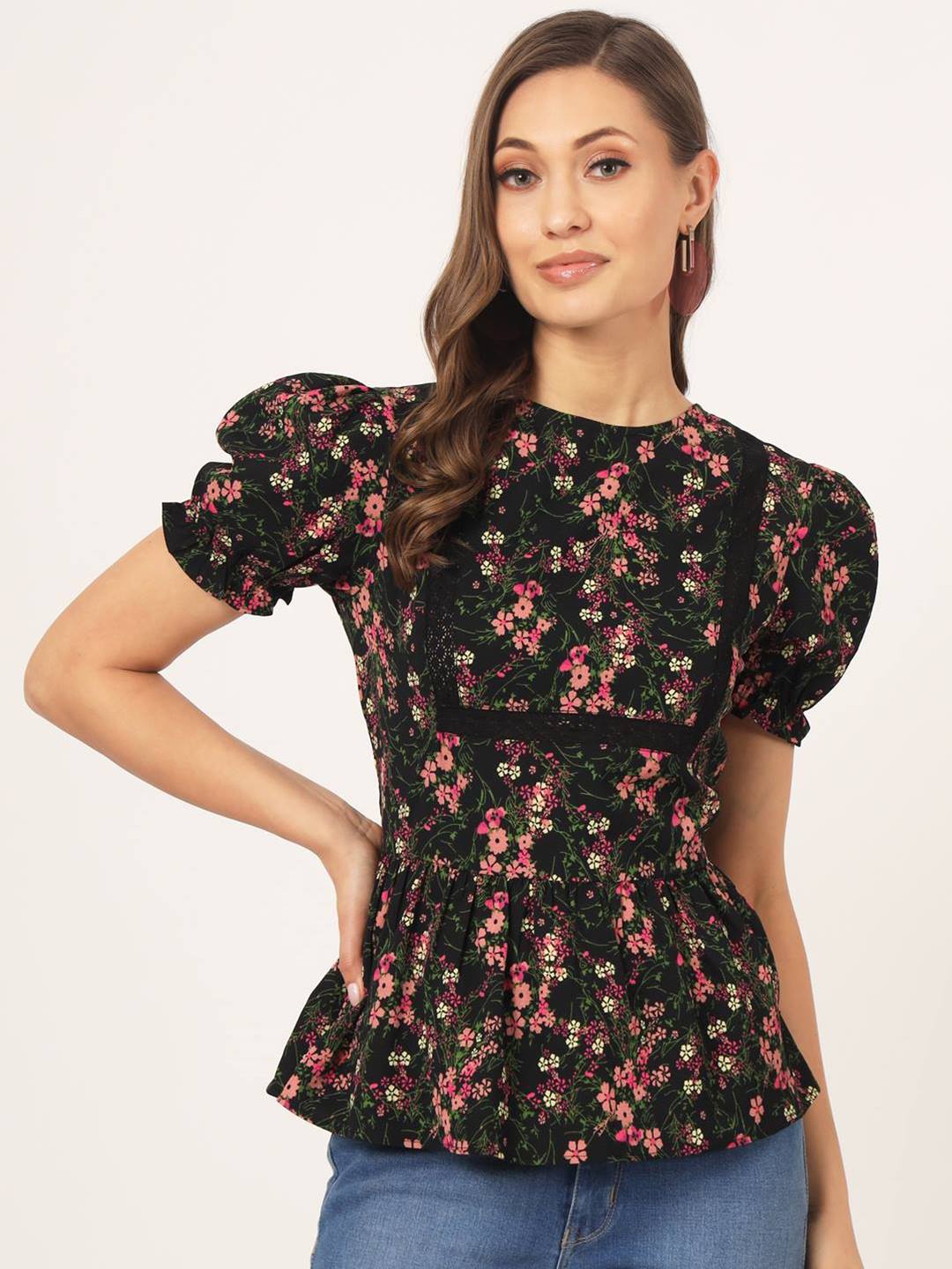 

Beatnik Floral Printed Puff Sleeves Gathered Cinched Waist Top, Black