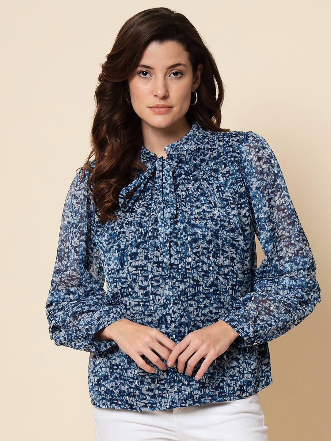 

Beatnik Floral Printed Tie-Up Neck Georgette Top, Blue