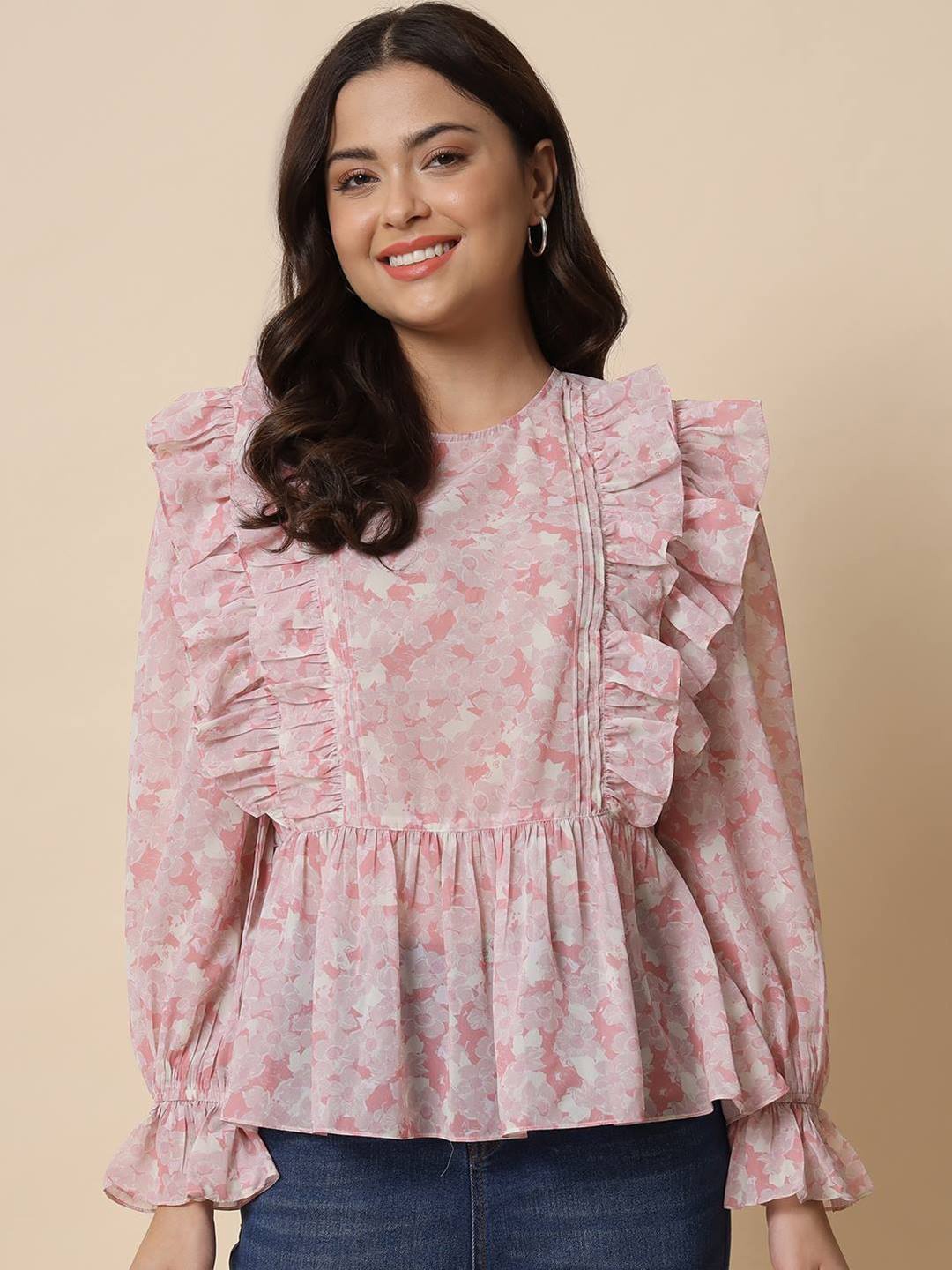 

Beatnik Floral Printed Bell Sleeves Gathers Peplum Top, Pink