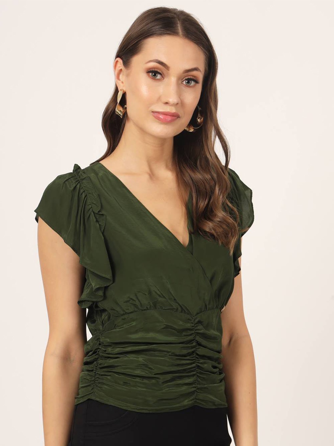 

Beatnik V-Neck Flutter Sleeves Ruched Satin Wrap Top, Olive