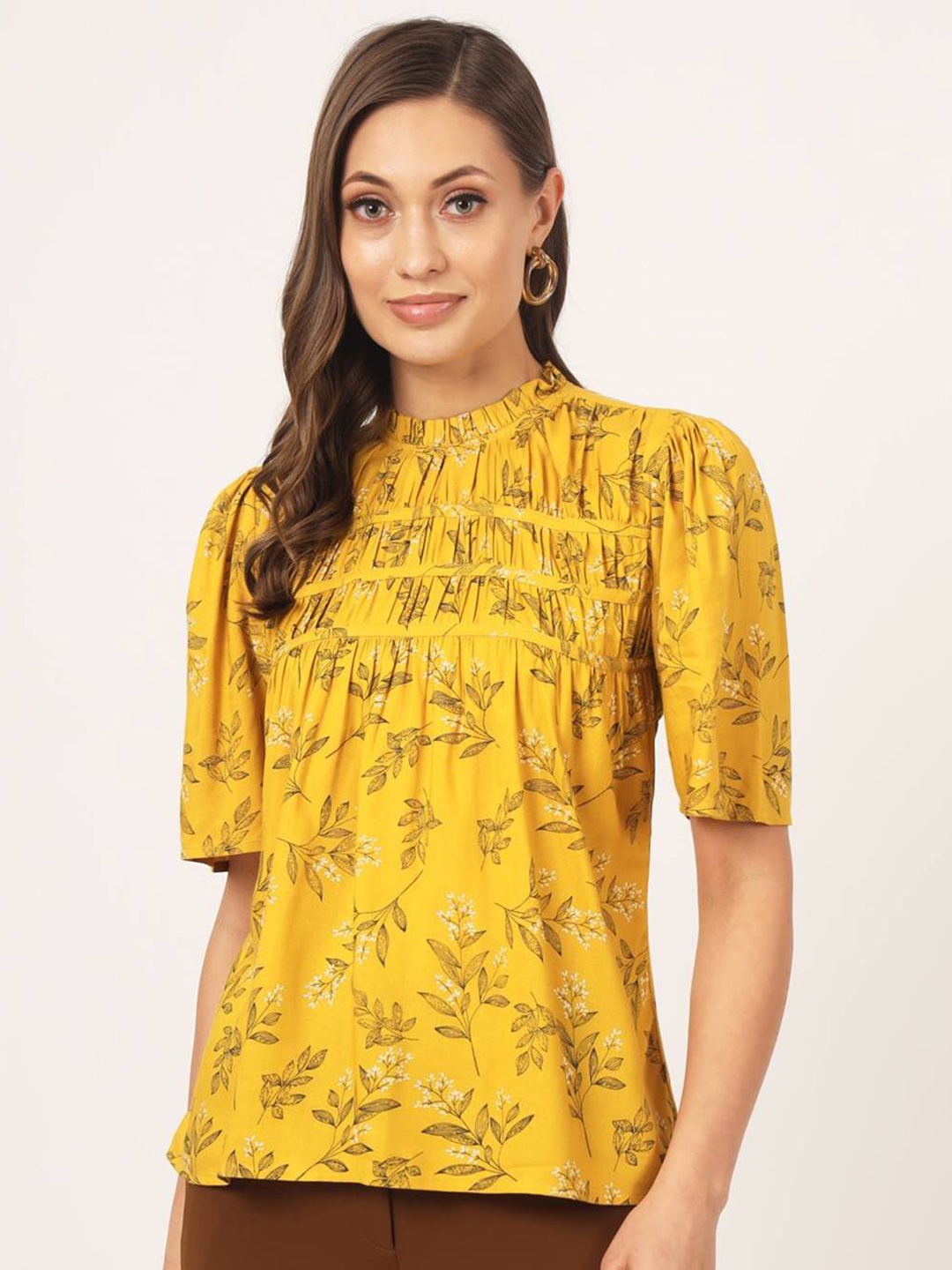 

Beatnik Floral Printed High Neck Puff Sleeves Regular Top, Mustard