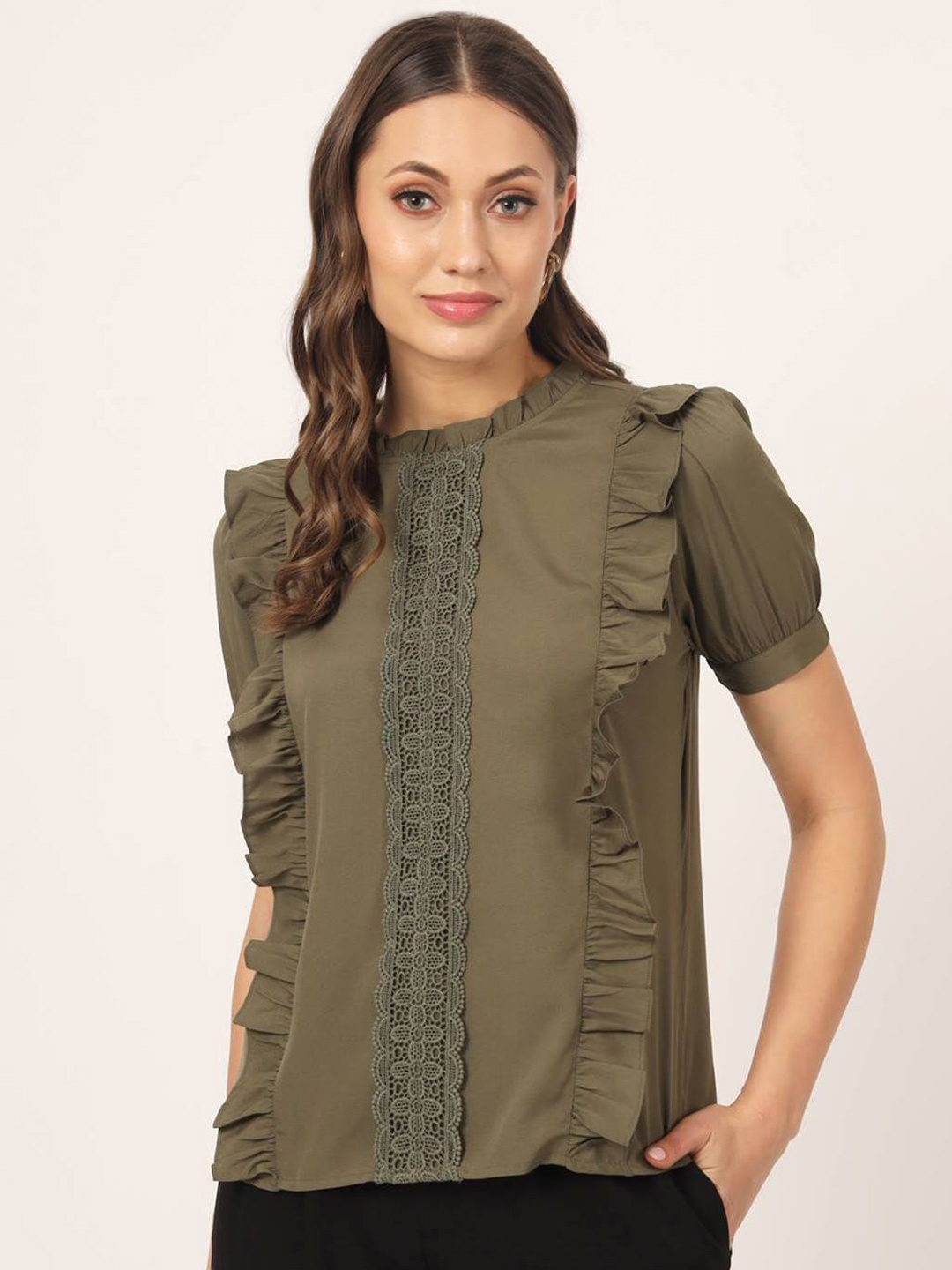 

Beatnik Puff Sleeves High Neck Ruffled Regular Top, Olive