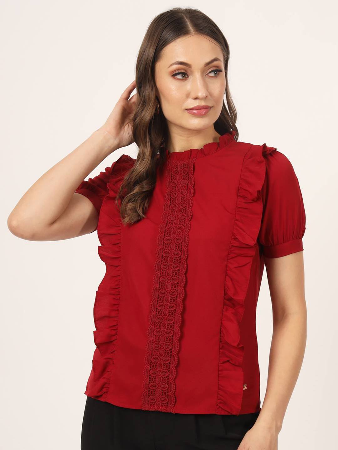 

Beatnik Puff Sleeves High Neck Ruffled Regular Top, Red