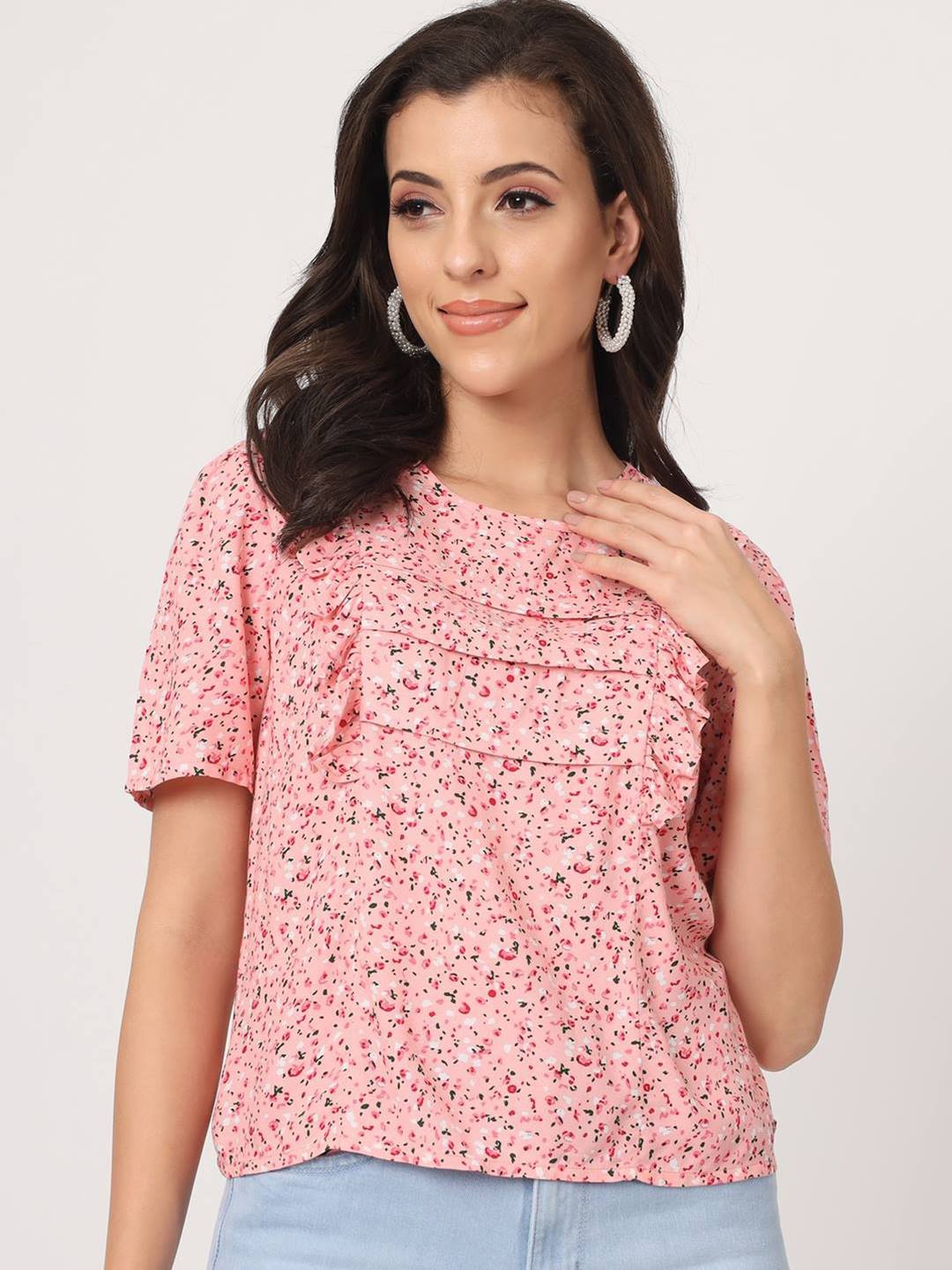 

Beatnik Abstract Printed Puff Sleeves Ruffled Regular Top, Pink