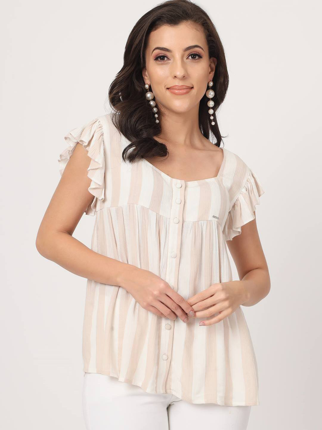 

Beatnik Vertical Striped Flutter Sleeves Square Neck Gathered Regular Top, Off white