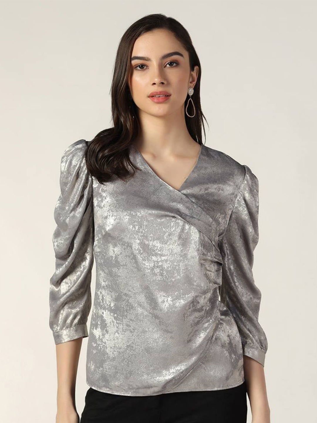 

Beatnik Puff Sleeves Self Designed Wrap Top, Silver