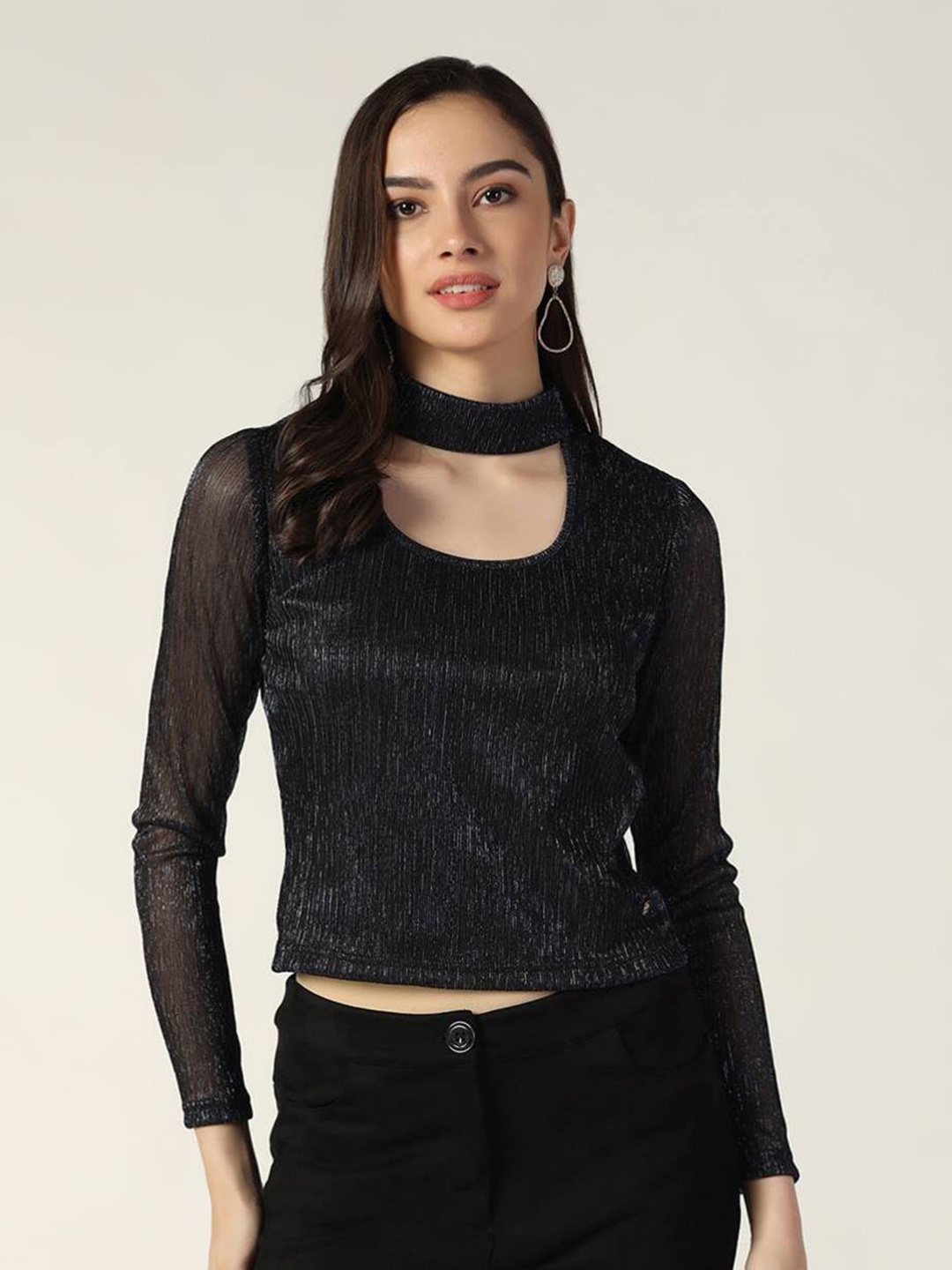 

Beatnik Striped Shimmer Cut-Out Neck Top, Blue