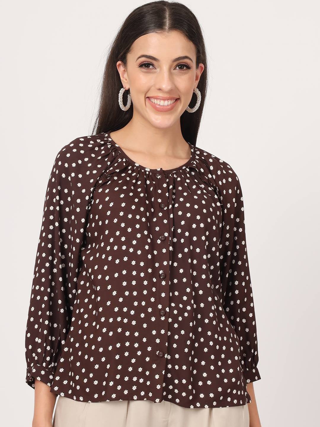 

Beatnik Polka Dots Printed Top, Brown