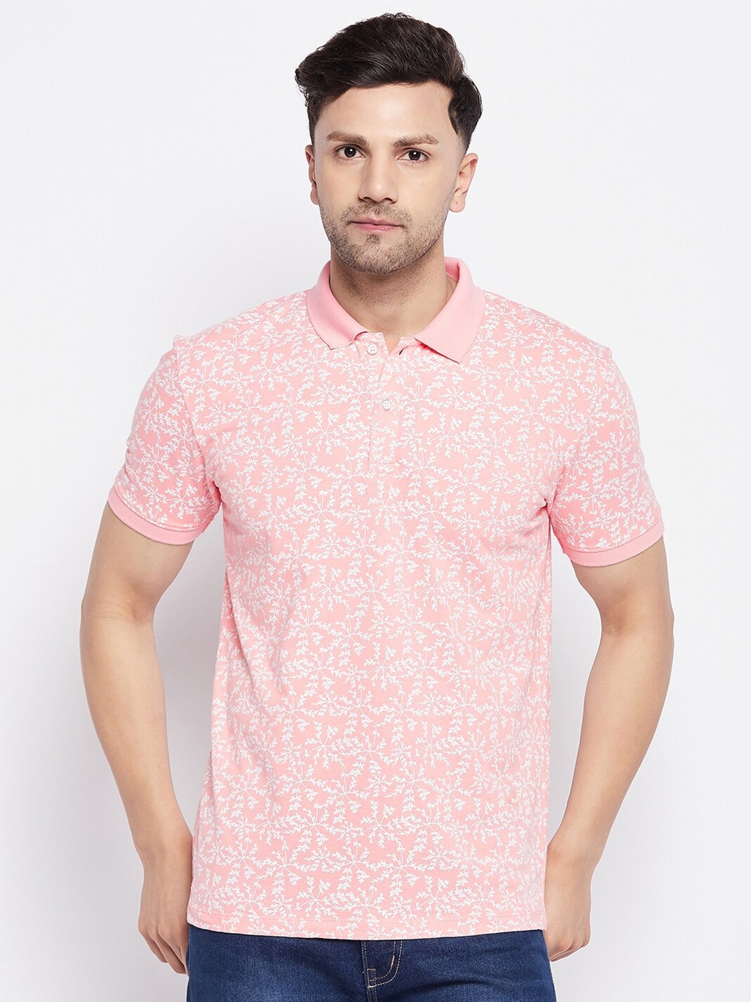 

WILD WEST Floral Printed Polo Collar Cotton T-shirt, Pink