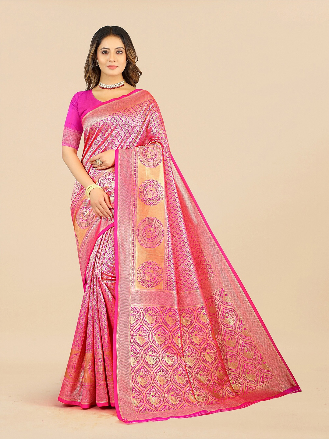 

Fashion FRICKS Ethnic Motif Pure Silk Banarasi Zari Saree, Pink