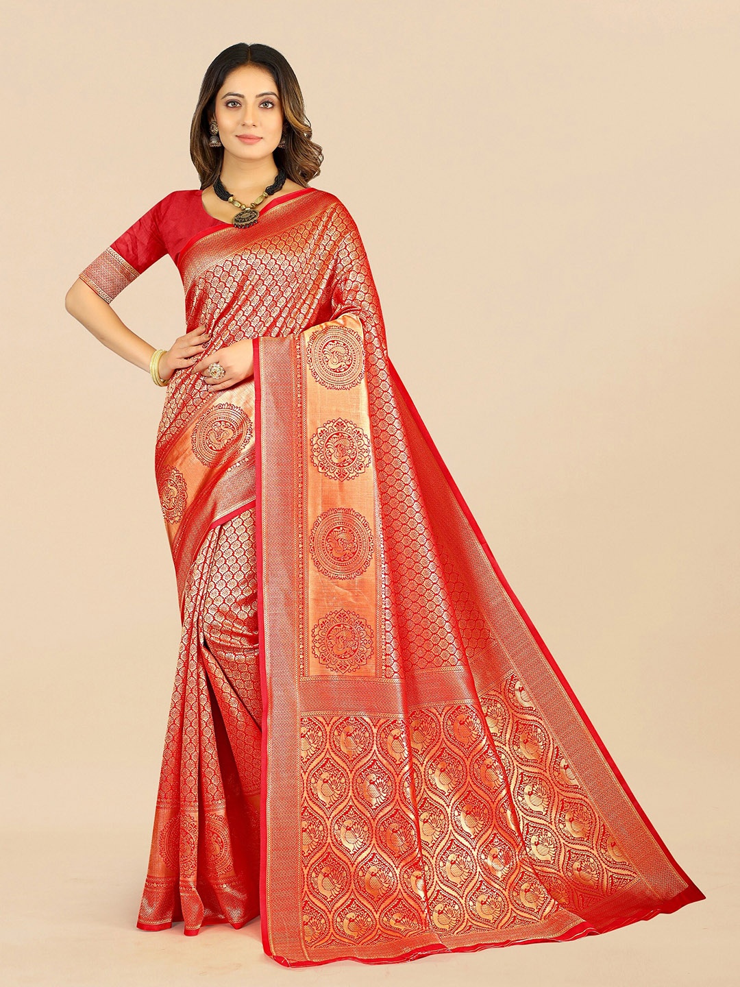 

Fashion FRICKS Ethnic Motif Pure Silk Banarasi Zari Saree, Red