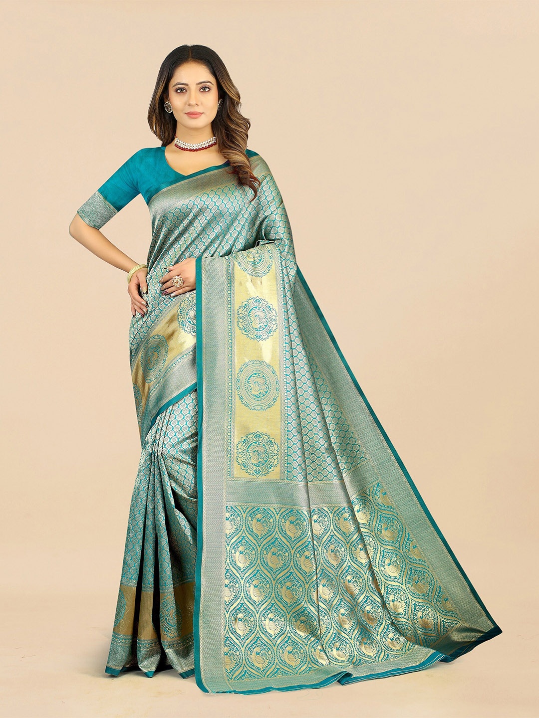 

Fashion FRICKS Ethnic Motif Pure Silk Banarasi Zari Saree, Turquoise blue