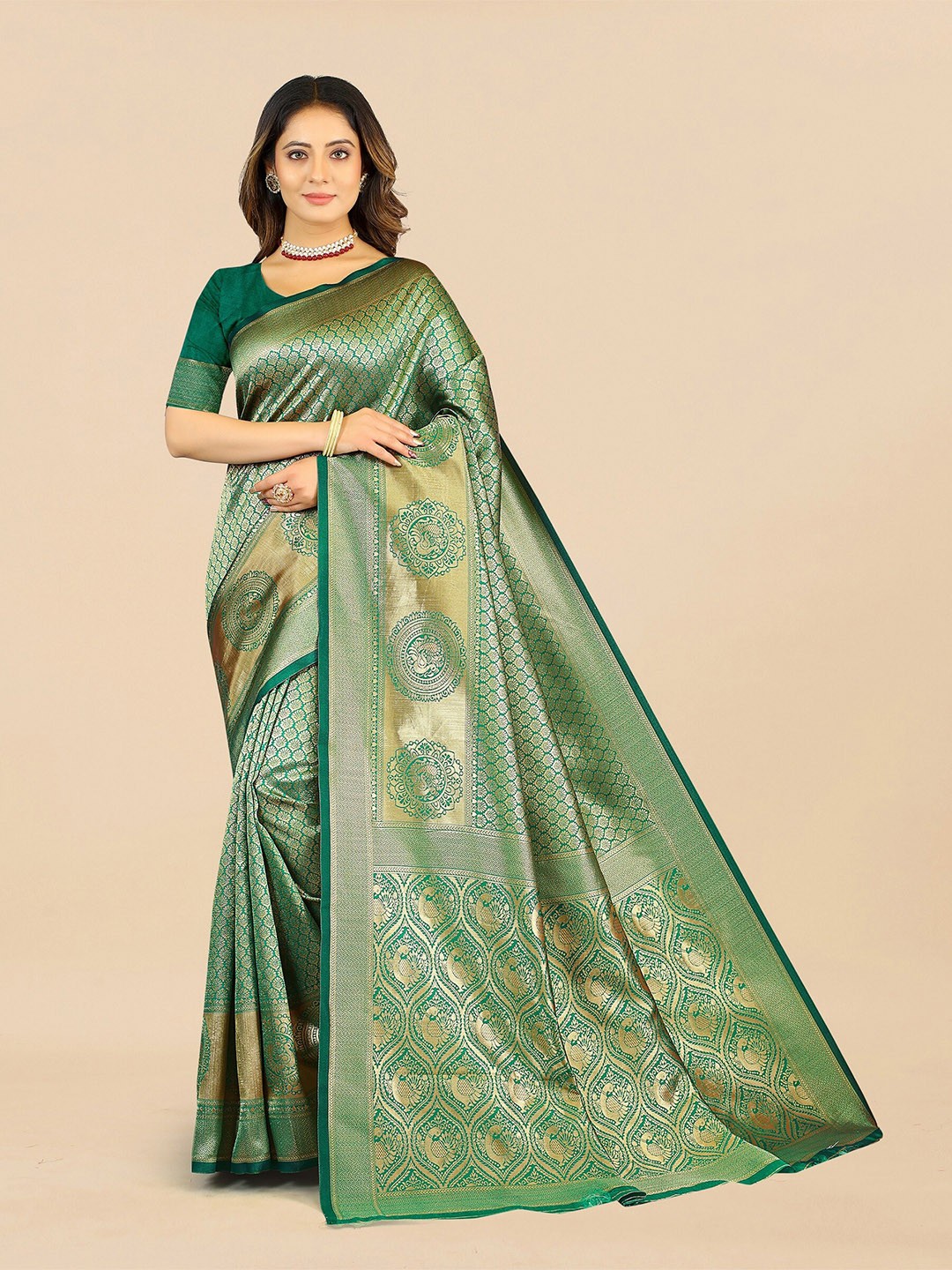 

Fashion FRICKS Ethnic Motif Pure Silk Banarasi Zari Saree, Green