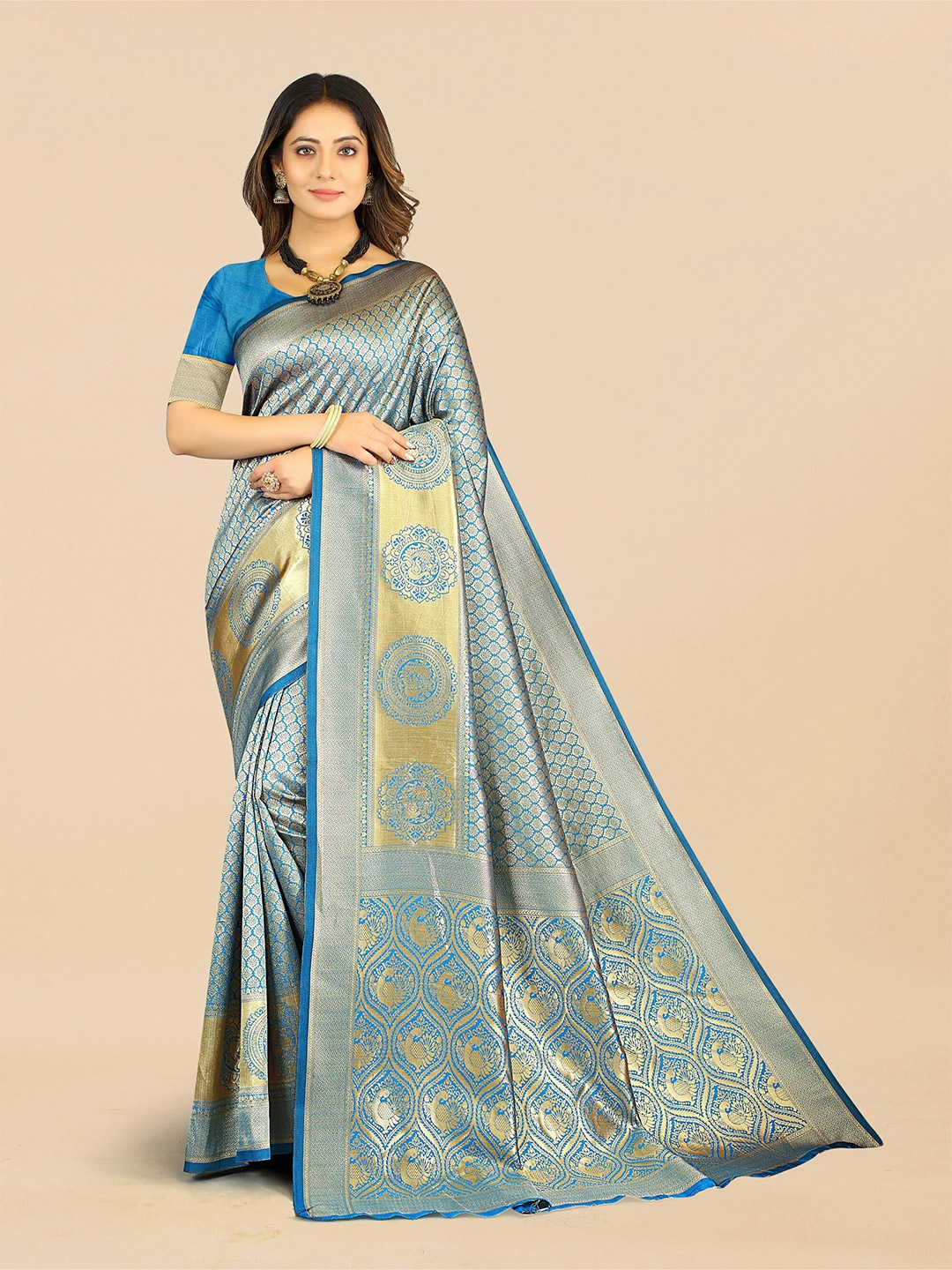 

Fashion FRICKS Ethnic Motif Pure Silk Banarasi Zari Saree, Turquoise blue
