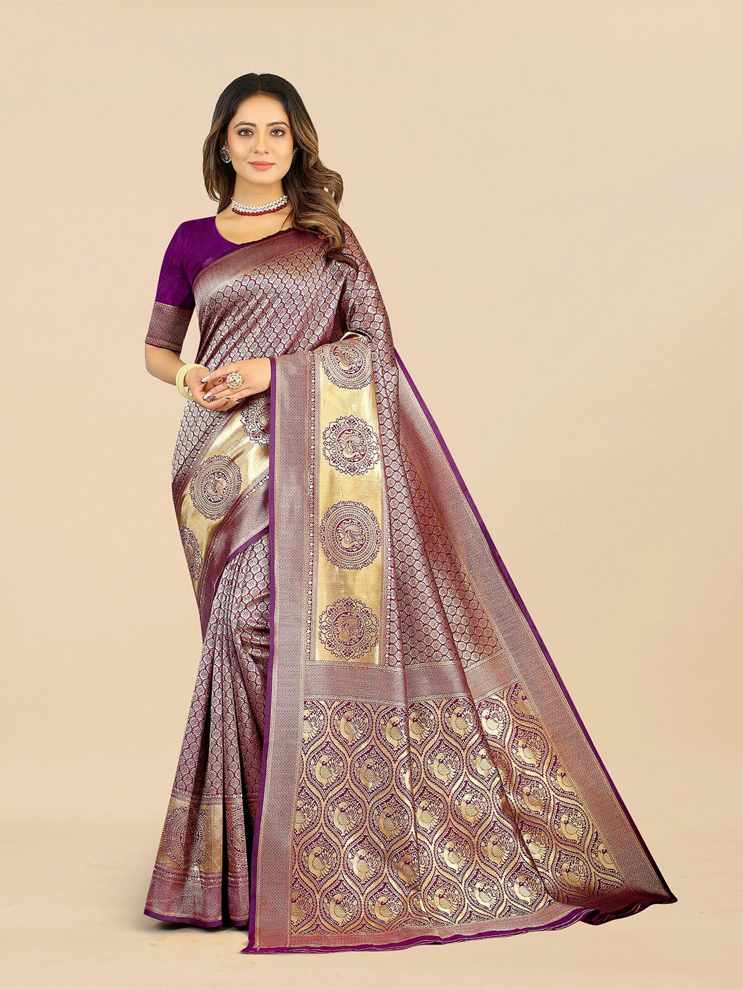 

Fashion FRICKS Ethnic Motif Pure Silk Banarasi Zari Saree, Purple