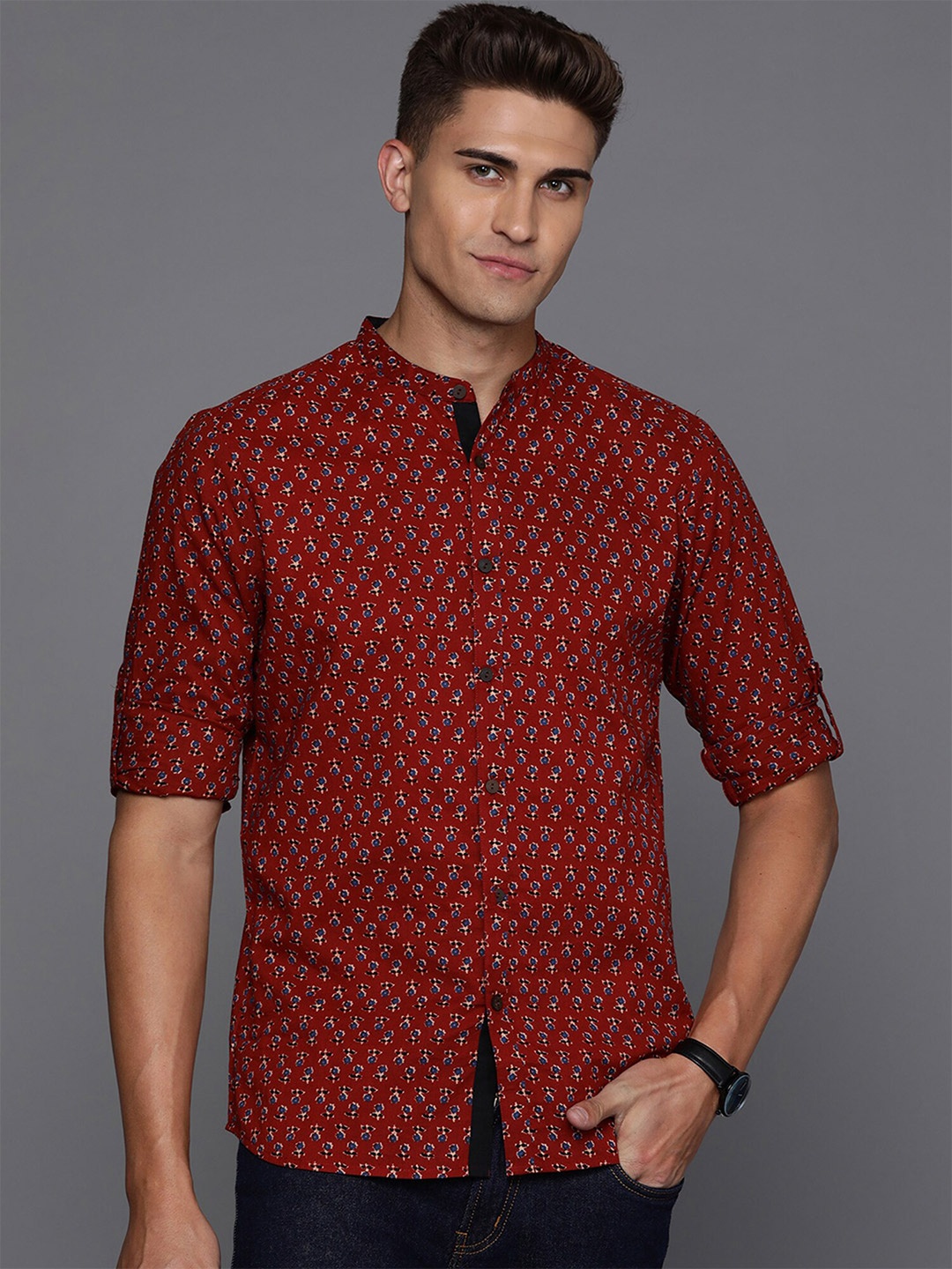 

Indo Era Smart Floral Printed Mandarin Collar Cotton Casual Shirt, Maroon