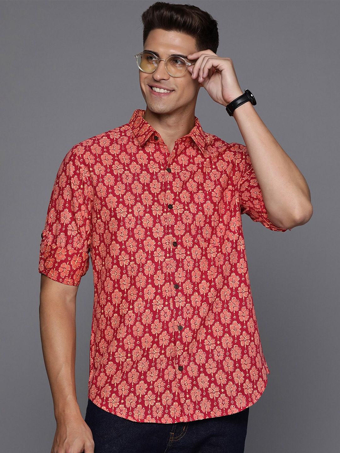 

Indo Era Smart Floral Printed Cotton Casual Shirt, Red