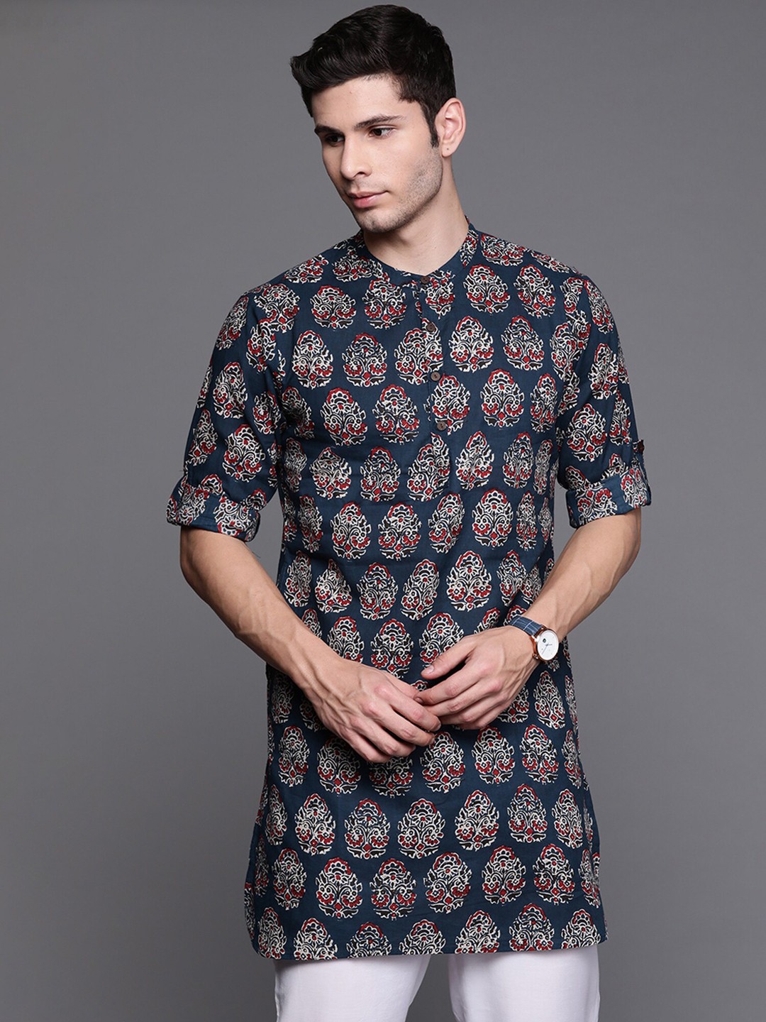 

Indo Era Men Navy Blue Ethnic Motifs Printed Band Collar Cotton Kurta